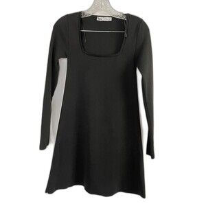 Zara Black Rib Knit Body Contour Square Neck Long Sleeve Mini Dress SZ Small